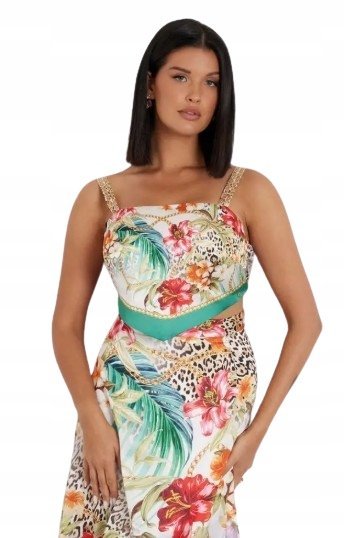 GUESS KOLOROWY TOP NA RAMIĄCZKACH Z TROPIKALNYM PRINTEM L GNA