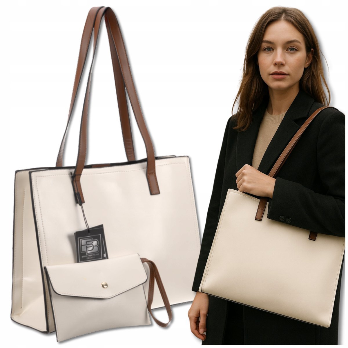 Torebka Damska Skórzana BAD&BAGS Na Ramię Torba Shopperka Zestaw Kremowa