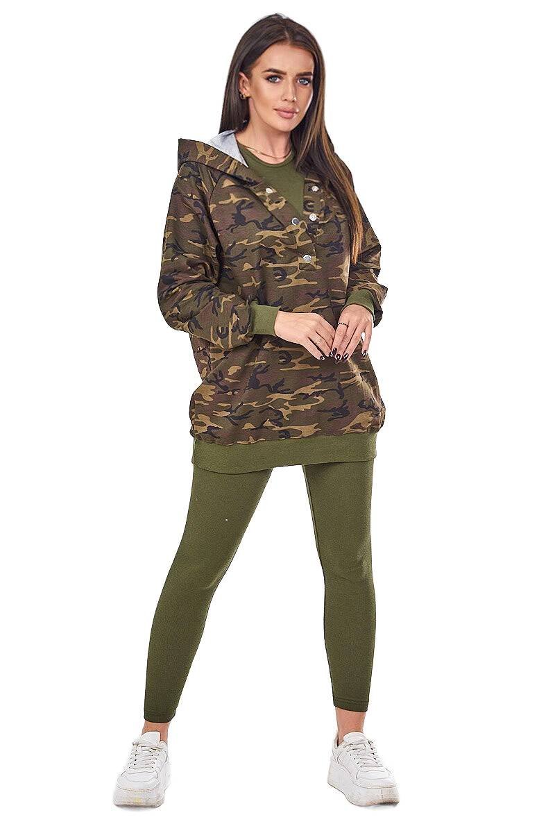 Komplet 3-częściowy moro bluza, top i legginsy brązowy + cappuccino