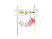 Dekoracje i nakrycia stołu na imprezę - AR Topper na tort Happy Birthday z różowymi frędzelkami - 1 szt. K7683RÓŻ - miniaturka - grafika 1