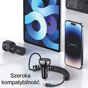USAMS Ład. sam. C37 1xUSB+1xUSB-C 60W + kabel USB-C 30W PD+QC Fast Charge czarny/black CC192CC01 (US-CC192) - Ładowarki samochodowe - miniaturka - grafika 4