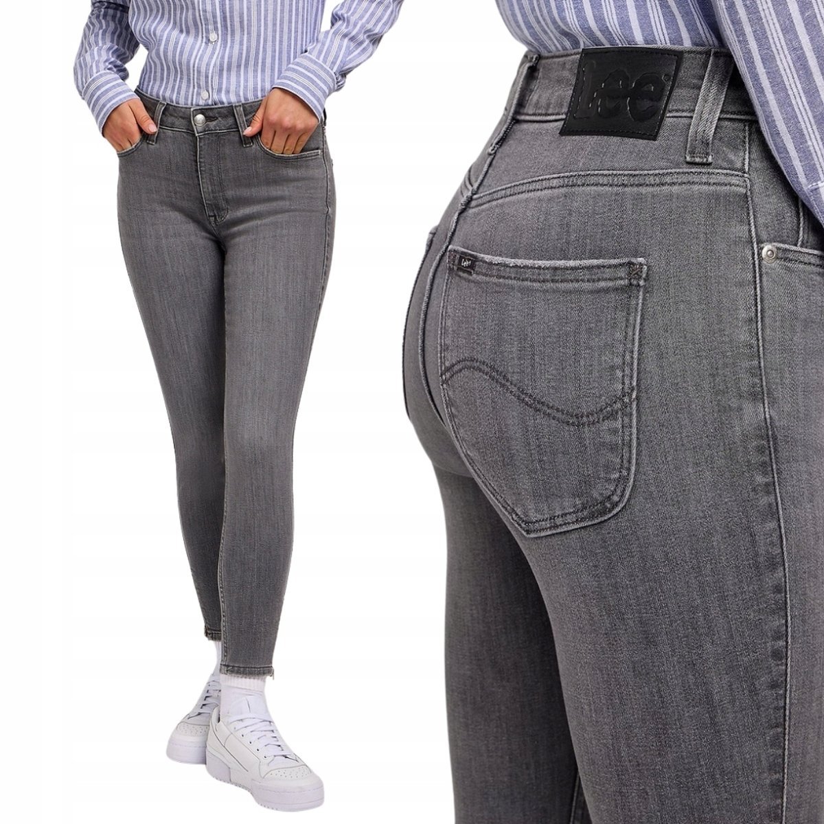 Lee Scarlett High Zip Wysokie Szare Spodnie Damskie Rurki Zamki 7/8 W27 L33