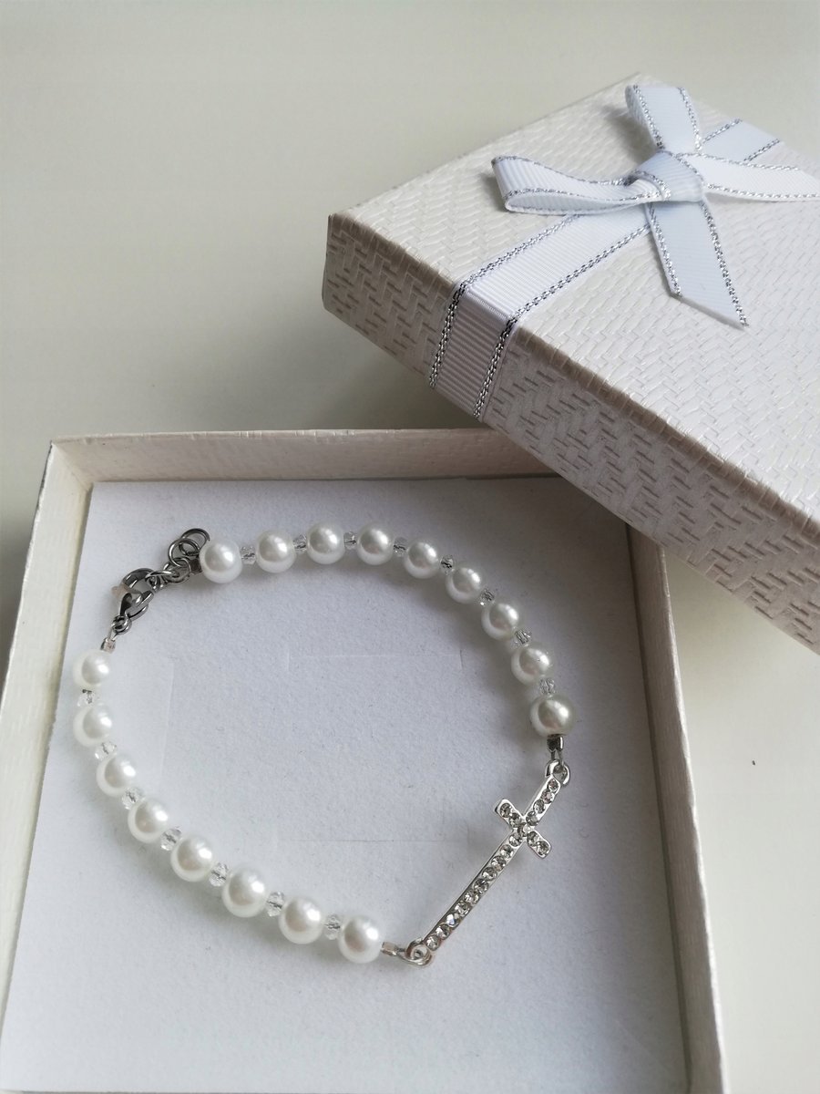 Bransoletka Perły Z Krzyżykiem Cyrkonie Srebrny