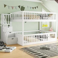 Łóżka dla dzieci i młodzieży - Łóżko piętrowe 140 x 200 cm, łóżko dziecięce ze schodkami bezpieczeństwa i szufladami, łóżko pojedyncze drewniane z pojemnikiem, białe - miniaturka - grafika 1