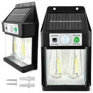 Lampy ogrodowe - Lampa Solarna elewacyjna Kinkiet LED 60 na ścianę domu ogrodowa Barwa Ciepła 2 żarówki Czarna - miniaturka - grafika 1
