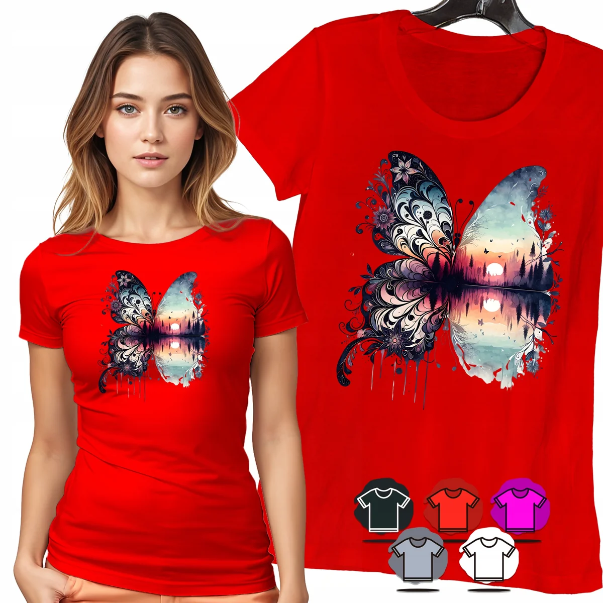 KOSZULKA DAMSKA T-SHIRT - MOTYL KWIATY I JEZIORO KOLOROWY WIDOK WZÓR - M