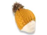Czapki damskie - Czapka damska zimowa z pomponem polska produkcja musztardowa ocieplana polarem - miniaturka - grafika 1