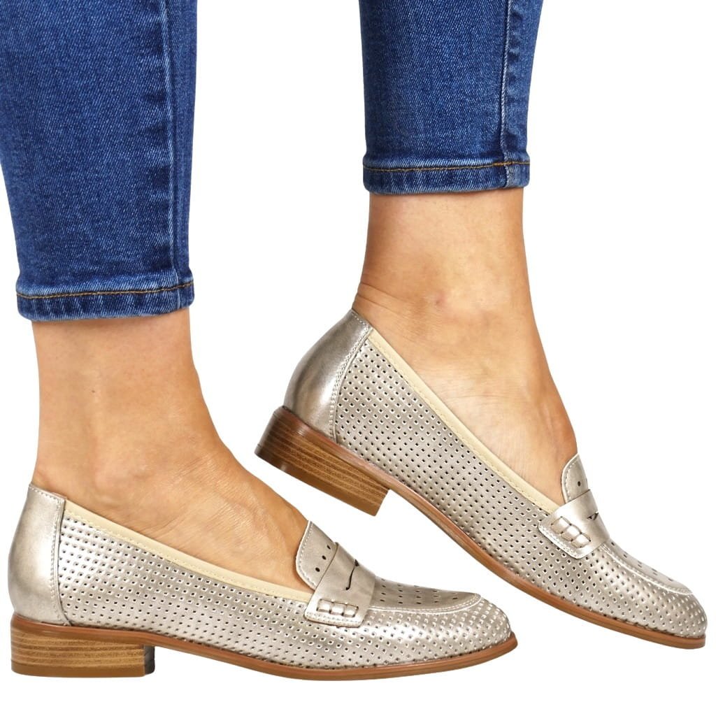 DAMSKIE MOKASYNY PÓŁBUTY AŻUROWE POTOCKI 12581 ZŁOTE