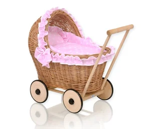 Wiklinowy wózek dla lalek pchacz z różową pościelką i miękką wyściółką- naturalny - Wózki dla lalek - miniaturka - grafika 1