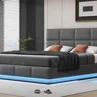 Meble do sypialni - Łóżko z tapicerowanym stelażem 180x200 cm z oświetleniem LED - z ekoskóry - Szare - miniaturka - grafika 1
