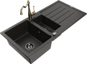 Zlewozmywaki z baterią - Mexen Andres zlewozmywak granitowy 1,5-komorowy z ociekaczem i baterią kuchenną Carla, czarny/złoty - 6515-75-670700-50-B - miniaturka - grafika 1