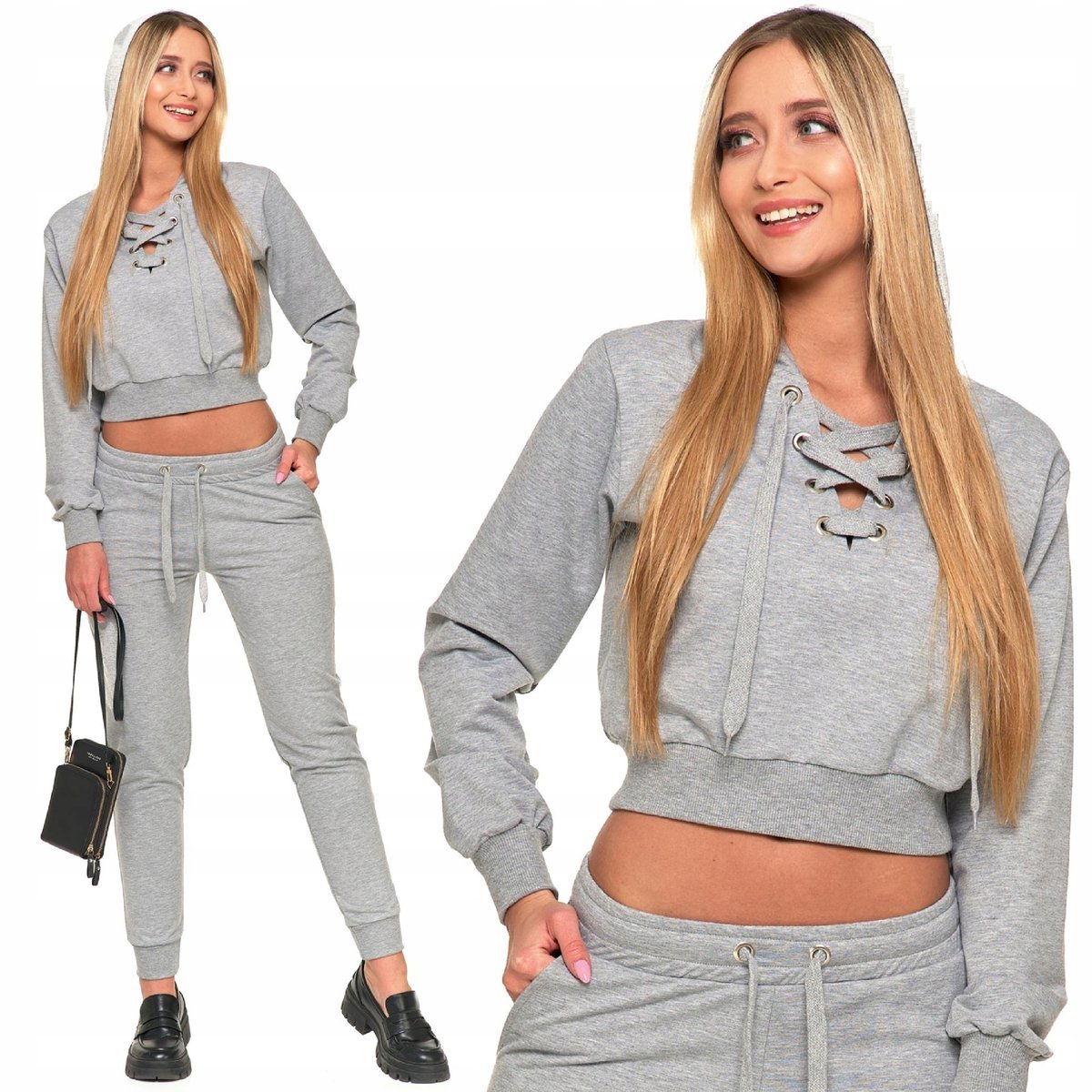 Bluza Dresowa Damska Crop-Top z Kapturem i Wiązaniem Wygodna Szara MORAJ S