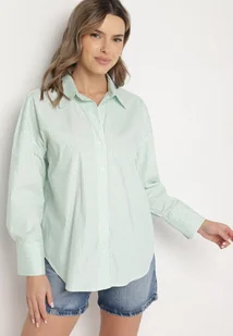 Zielona Bawełniana Koszula Oversize w Prążki Zdobiona Metaliczną Nicią Paserella - Koszule damskie - miniaturka - grafika 1