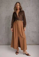 Spódnice - Brązowa Rozkloszowana Spódnica z Wiskozy Zdobiona Rozcięciem i Paskiem Urilia - miniaturka - grafika 1