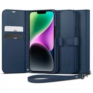 Portfele - Spigen Wallet S skórzane etui z klapką portfel do iPhone 14 niebieskie - miniaturka - grafika 1