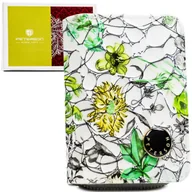 Portfele - Portfel damski mały Peterson skórzany z ochroną kart RFID ze skóry naturalnej na prezent lakierowany zatrzask suwak w kwiaty biały zielony żółty - miniaturka - grafika 1