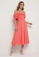Sukienki - Pomarańczowa Rozkloszowana Sukienka z Odsłoniętymi Ramionami i Drapowaniem Odilene - miniaturka - grafika 1