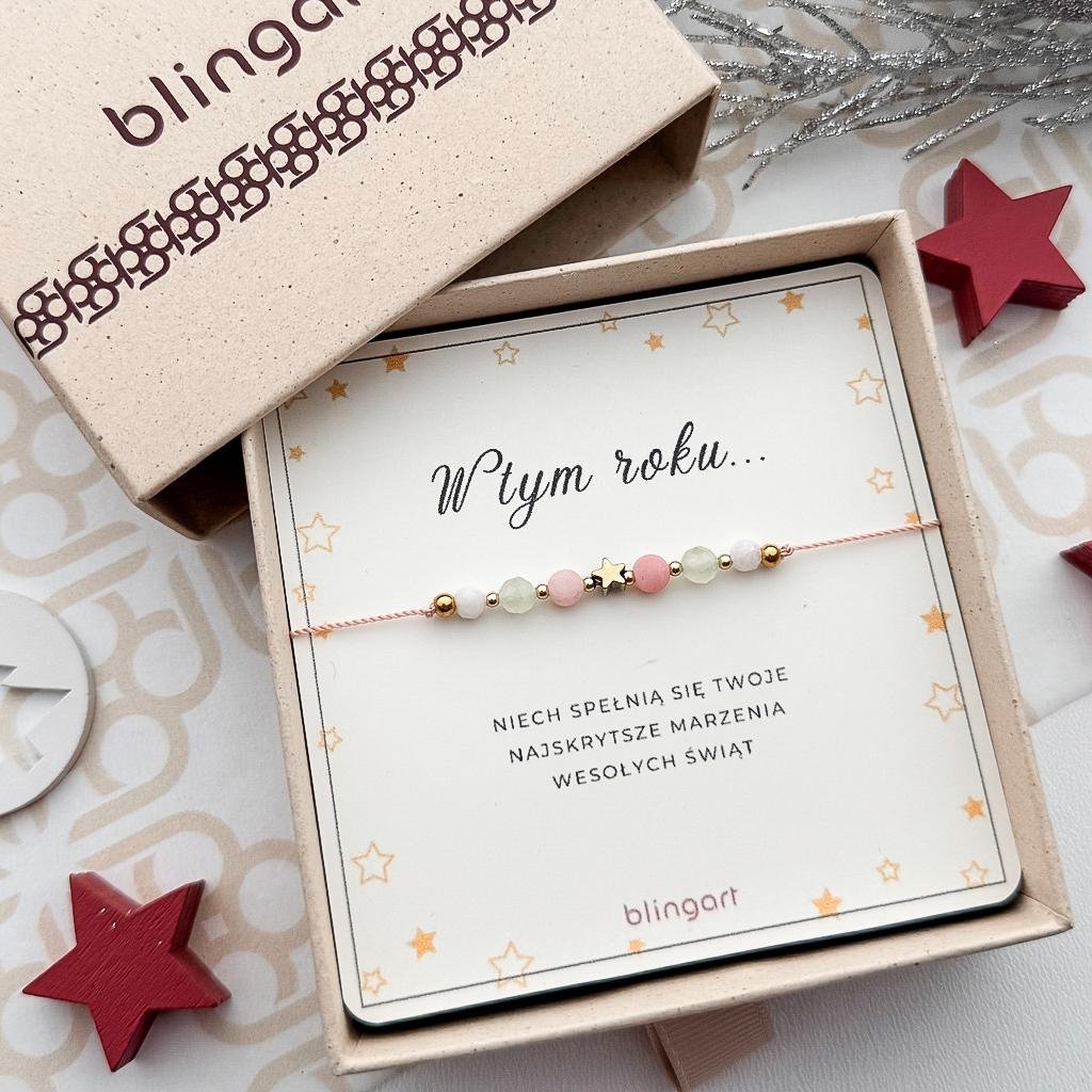 Bransoletka świąteczna z agatem oliwinem kamieniem księżycowym gwiazdka