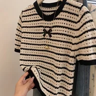 Swetry damskie - TEMU Nian Nian Elegancki Striowany Kontrastowy Okrągły Dekolt Top dla Kobiet - Lekka Ice Silky Fiber Krótki Rękaw T-Shirt z Unikalnym Kolorowym Bem - miniaturka - grafika 1