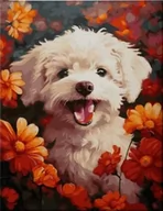 Zabawki kreatywne - Diamentowa Mozaika Piesek W Kwiatach 30x40 - miniaturka - grafika 1