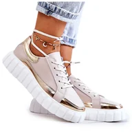 Półbuty damskie - S.Barski Damskie Półbuty Na Platformie Beżowo-Złote Noriso beżowy złoty - miniaturka - grafika 1