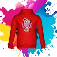Bluzy dla dziewczynek - Bluza dziecięca typu kangurka z kapturem w kolorzeczerwonym z nadrukiem miś Love 4 lata - miniaturka - grafika 1