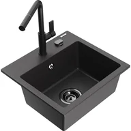 Zlewozmywaki z baterią - Mexen Milo zlewozmywak granitowy 1-komorowy z baterią kuchenną Flora, czarny nakrapiany - miniaturka - grafika 1