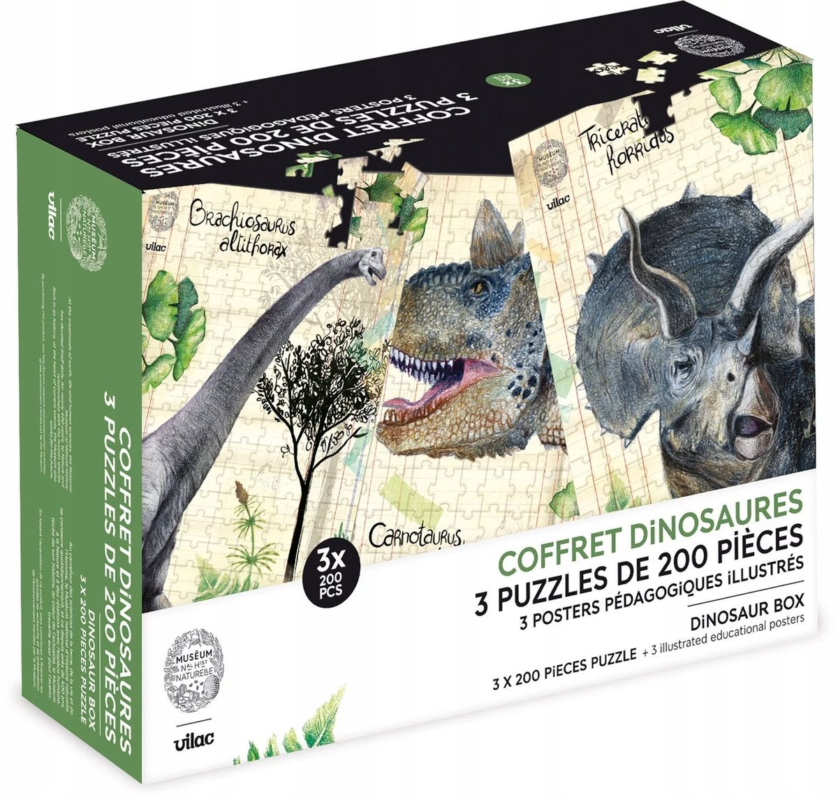 3 puzzle 200 el. Dinozaury z plakatami Vilac