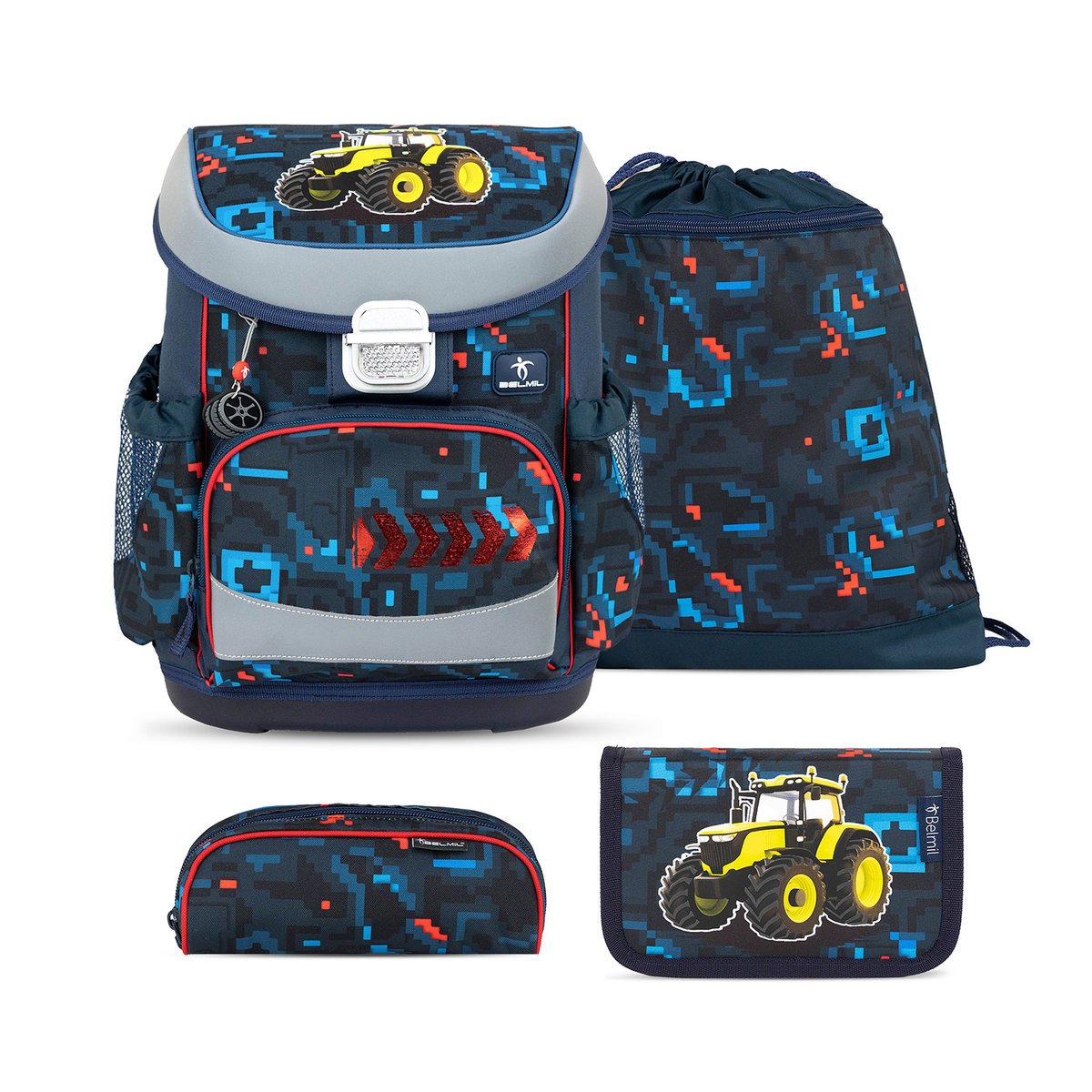 Ergonomiczny zestaw tornistra szkolnego dla chłopców – Belmil Mini-Fit PixelTrak (4-częściowy)