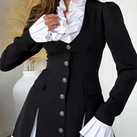 Sukienki - TEMU Elegancka mini sukienka z kolorowym wzorem - czarna i biała koszulka z falbankami, wisiorkiem na szyi, guzikami z przodu, krótkim rękawem, - miniaturka - grafika 1