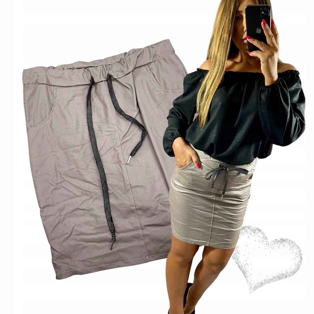 Spódnica Wiskoza lycra ECO skóra skórki Wysoki Stan Kieszenie 40 42 L XL