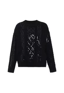 Swetry damskie - faina Damski sweter z dzianiny z cekinowym łańcuszkiem i wzorem warkoczowym, czarny, rozmiar XL/XXL, czarny, XL - grafika 1