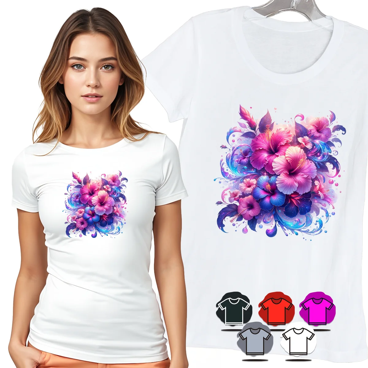KOSZULKA DAMSKA T-SHIRT - KWIATY RÓŻOWO NIEBIESKIE AKWARELA WZÓR MODNY - L