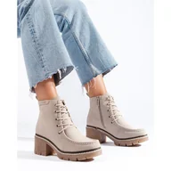 Botki damskie - Goodin Beżowe wiązane botki na obcasie Shelovet beżowy - miniaturka - grafika 1