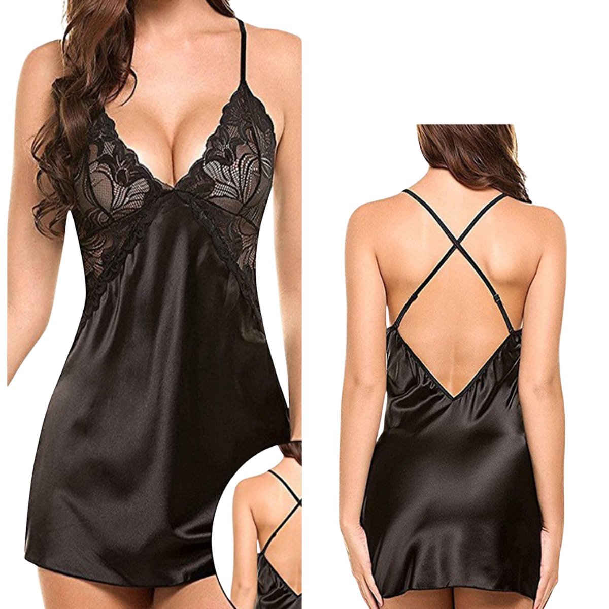 HALKA SUKIENKA NOCNA DAMSKA SEKSOWNA +STRINGI CZARNA KORONKA M