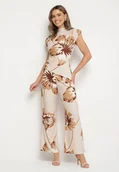Komplety damskie - Beżowy Komplet w Kwiaty Asymetryczna Bluzka z Marszczeniem i Szerokie Spodnie Linamia - miniaturka - grafika 1