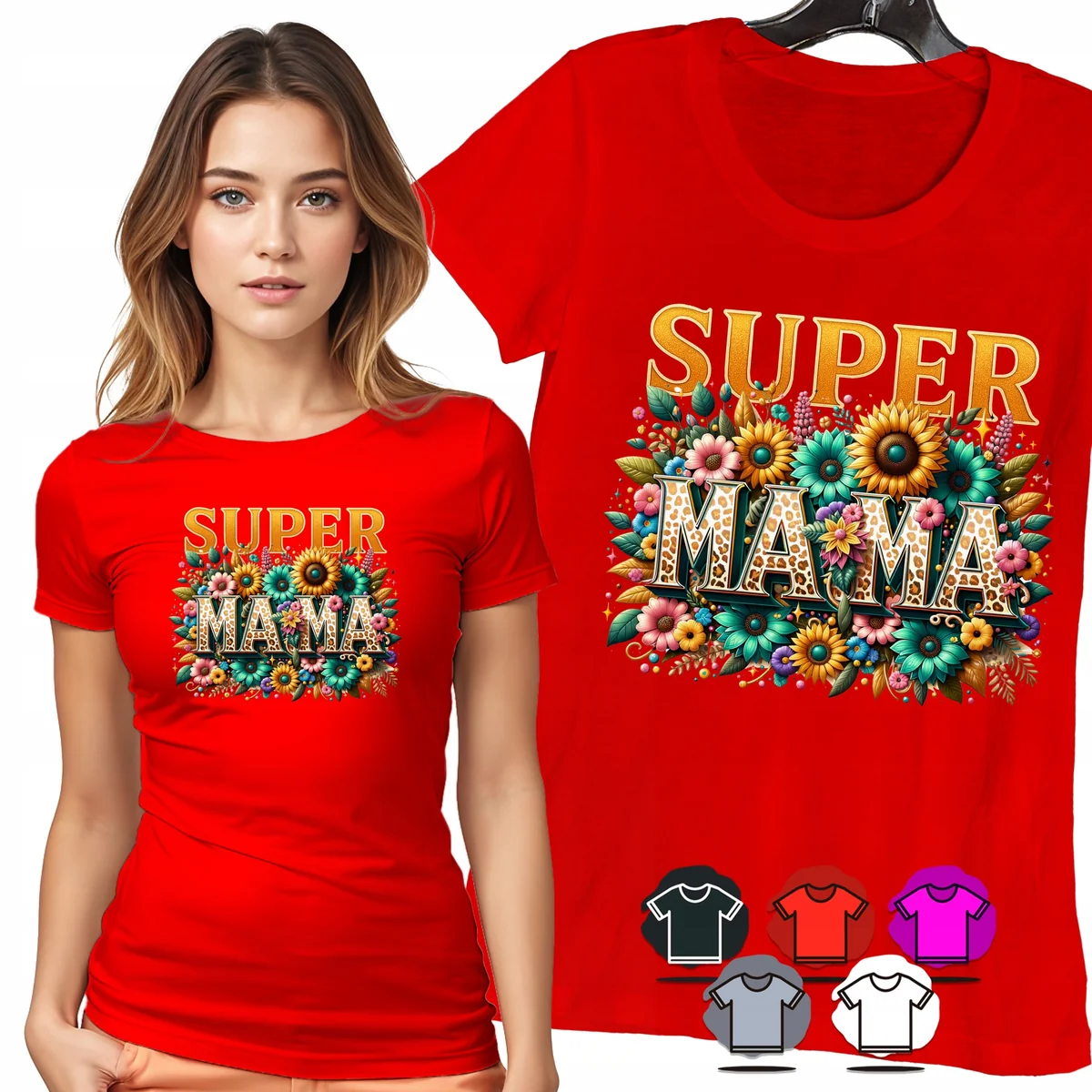 KOSZULKA DAMSKA T-SHIRT - SUPER MAMA SŁONECZNIKI ZŁOTE KWIATY WZÓR - XS