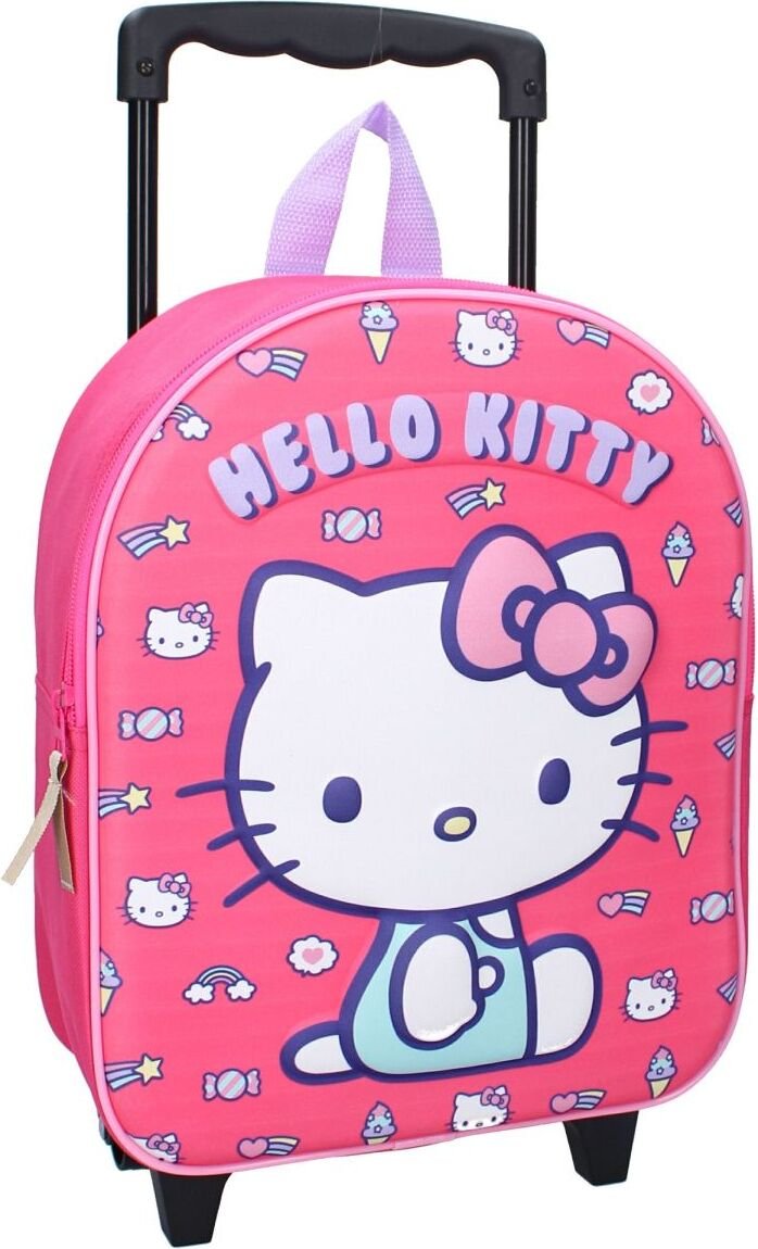 Plecak na kółkach Hello Kitty 3D - różowy wózek z odczepianą rączką i wytrzymałymi kółkami