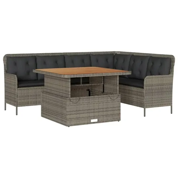 Zestaw wypoczynkowy szary z rattanem PE, stół 110x110 cm, sofa L 221x163