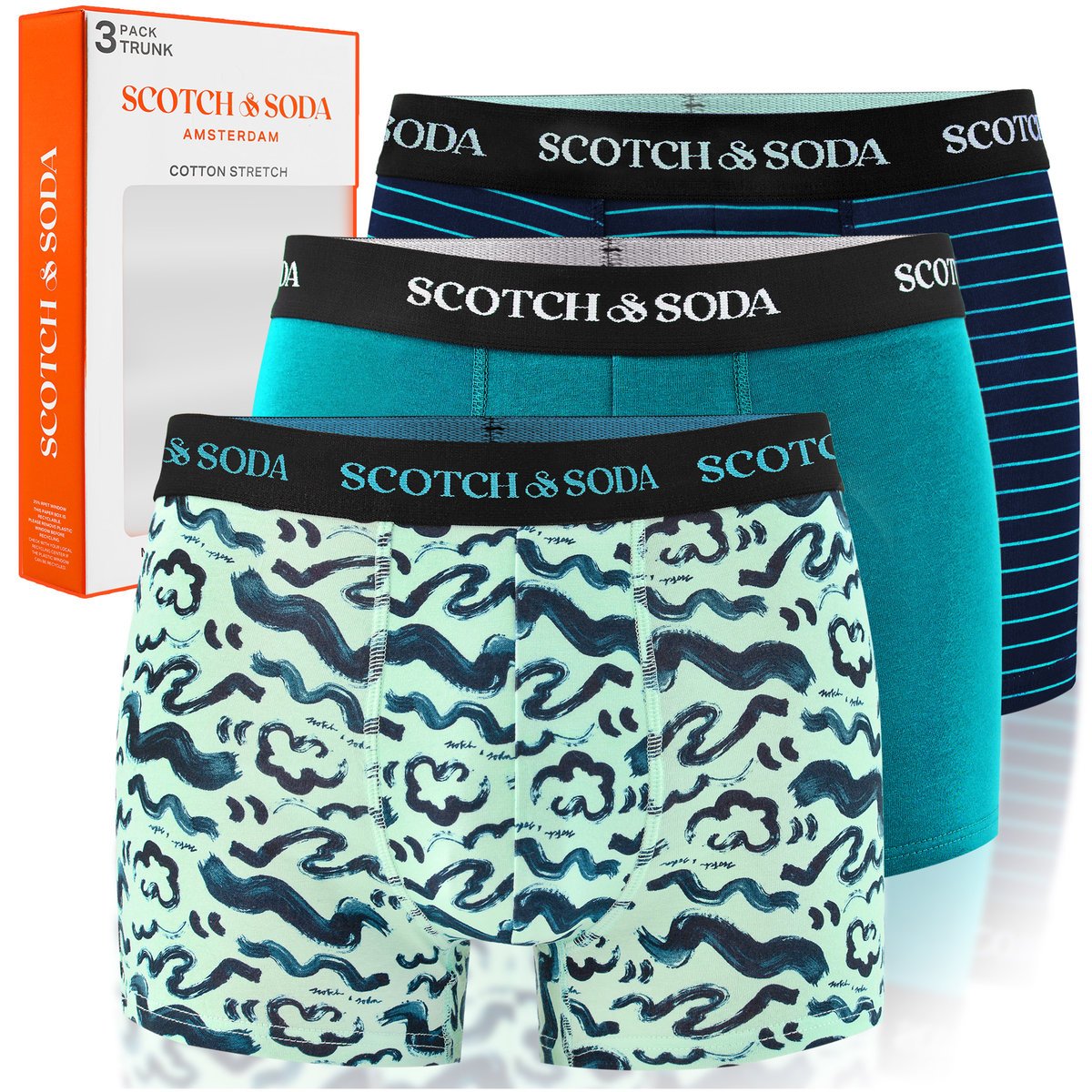 SCOTCH&SODA Bokserki Męskie 3 sztuki Bawełna Paski Wzór Niebieski Rozmiar S