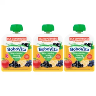 BoboVita Mus banan z jagodami i czarną porzeczką po 6 miesiącu zestaw 3 x 80 g - Desery dla dzieci - miniaturka - grafika 1