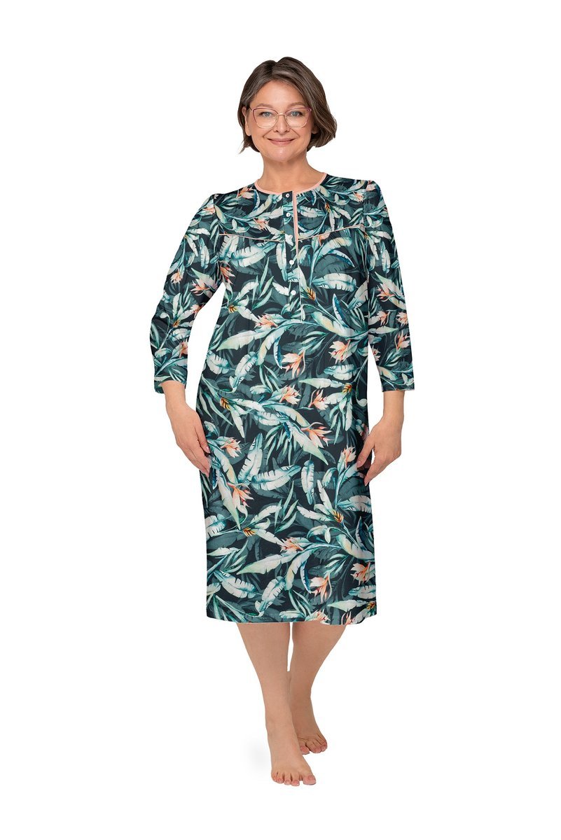 Koszula Nocna Damska 3Xl Długi Rękaw Bawełniana Luźna Rozpinana Liście