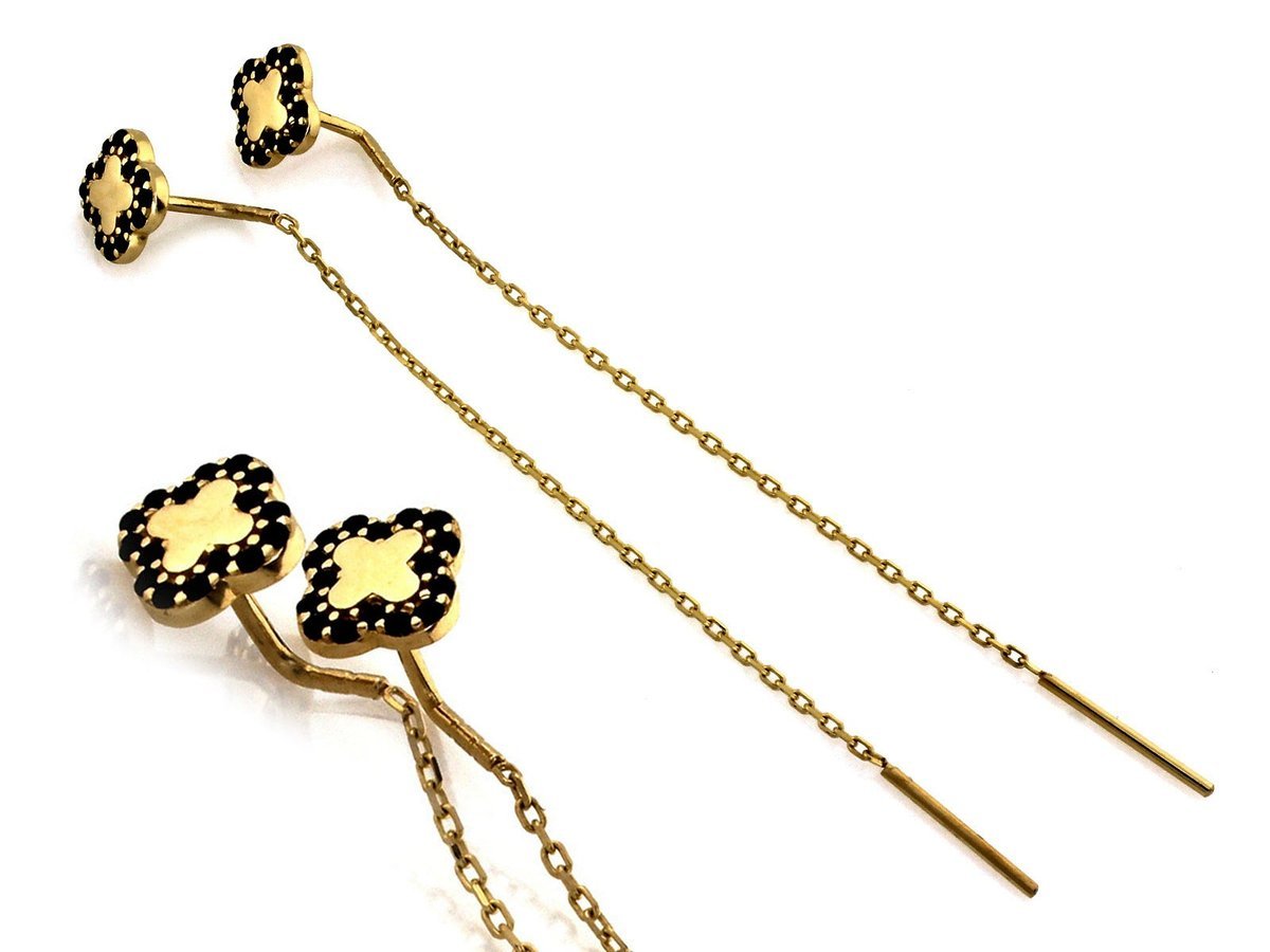 Złote kolczyki 585 przeciągane kwiatki z czarnymi cyrkoniami 1.33g