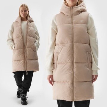 Bezrękawnik Damski 4F Puchowy Długi Pikowany Z Kapturem Beżowy XXL