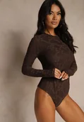 Body - Brązowe Body Longsleeve z Koronki z Bawełną Zenisesa - miniaturka - grafika 1