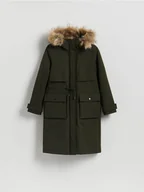 Płaszcze damskie - Reserved - Długa kurtka z kapturem - zielony - miniaturka - grafika 1