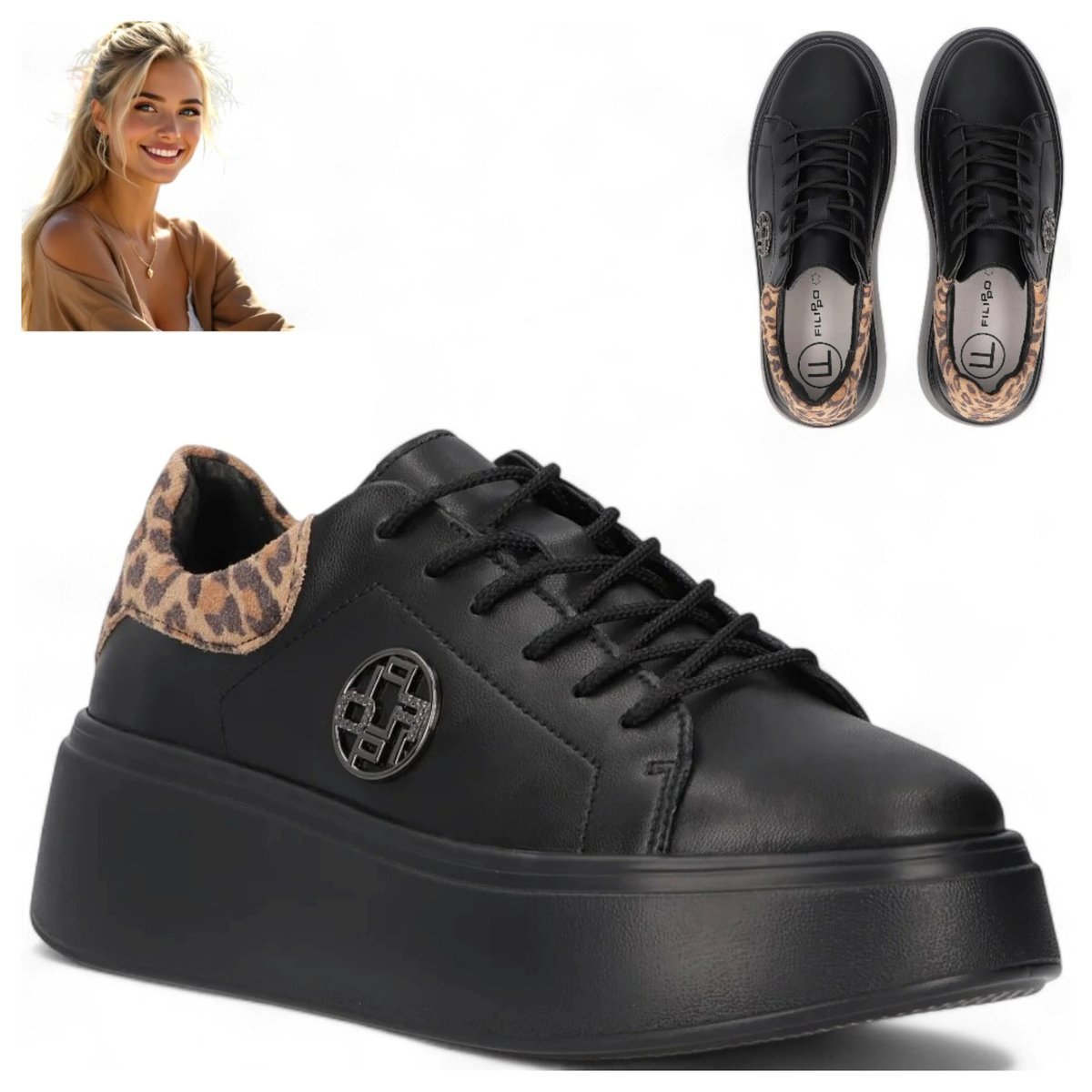 Półbuty Skórzane Damskie Wygodne Sneakersy na platformie Filippo Czarne 37