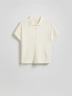 Koszulki i topy damskie - Reserved - T-shirt polo z dodatkiem lyocellu - kremowy - miniaturka - grafika 1