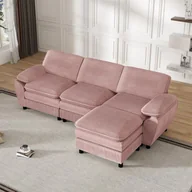 Sofy i kanapy - Modułowa sofa w kształcie litery L z wyjmowanym pufem, miękkim aksamitem, ramą z litego drewna i wyjmowanymi poduszkami. - miniaturka - grafika 1