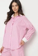Koszule damskie - Różowa Koszula w Paski o Kroju Oversize z Kontrastującymi Wstawkami Menestra - miniaturka - grafika 1